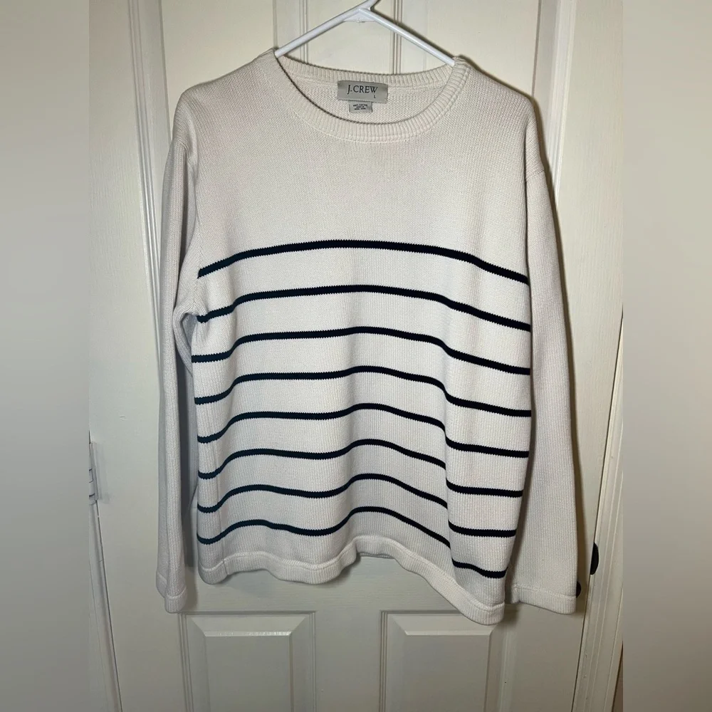 J.Crew Cream & Black Stripe Cotton Sweater Size L Classic Preppy